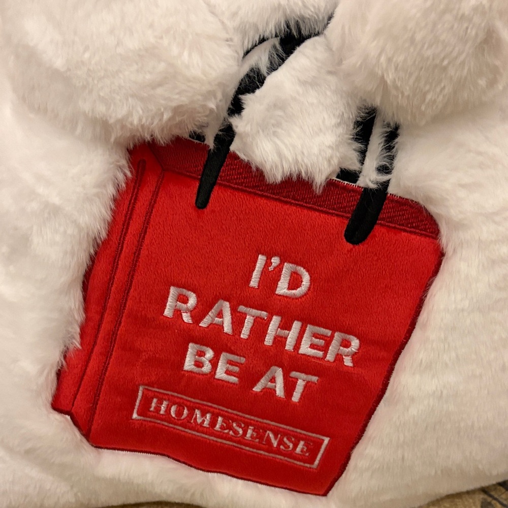NWT COLLECTABLE I rather be at homesense White Plush Pillow with Red Bag Detail - Picture 2 of 5